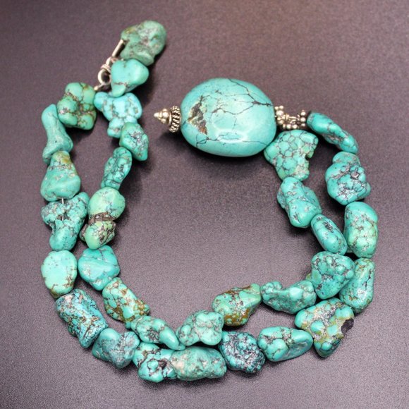 Turquoise Pendant Chunky Nugget Beaded Vintage Necklace Silver Clasp Findings - Picture 7 of 14